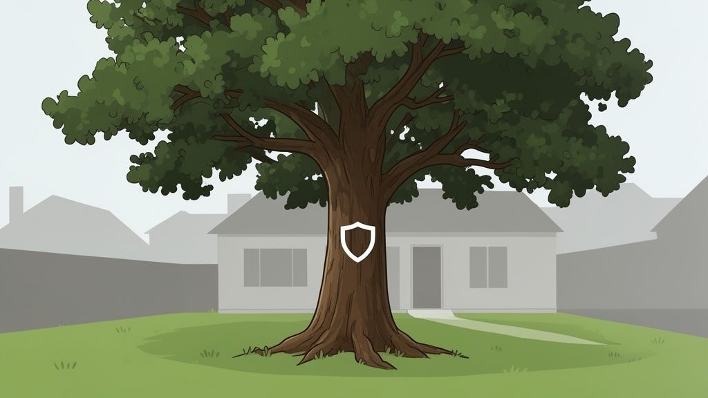 A large, leafy tree with a white shield icon on its trunk in a residential front yard.
