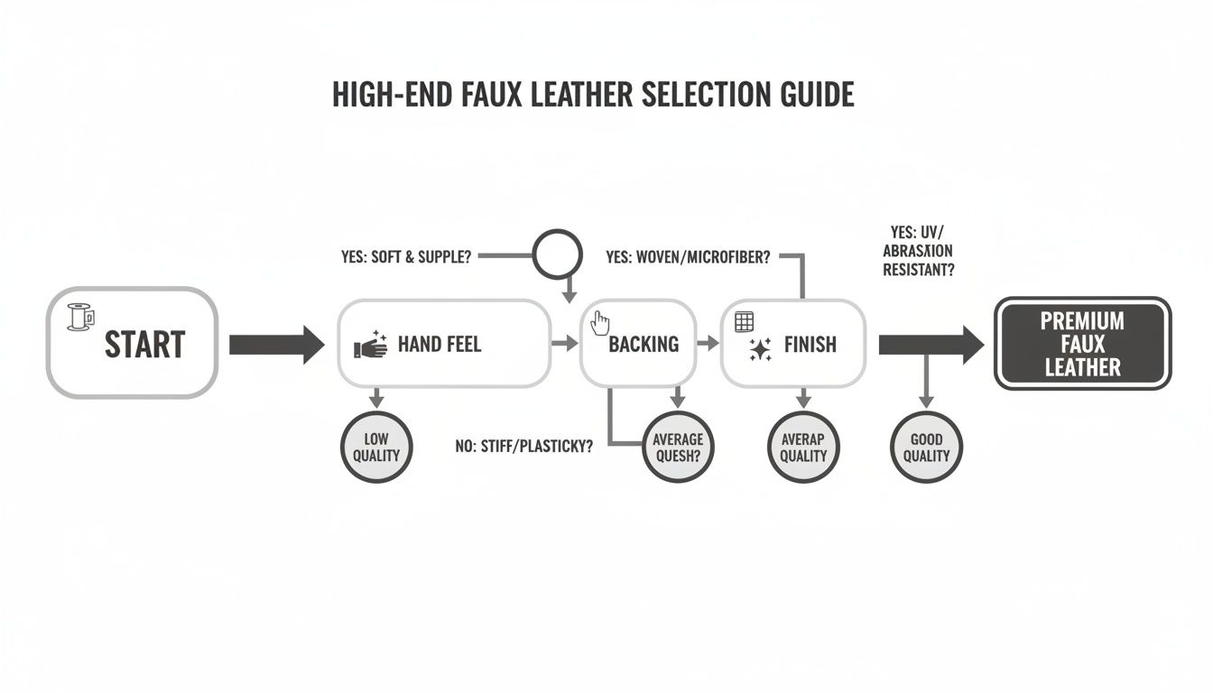 Flowchart illustrating the high-end faux leather selection guide, evaluating hand feel, backing, and finish.