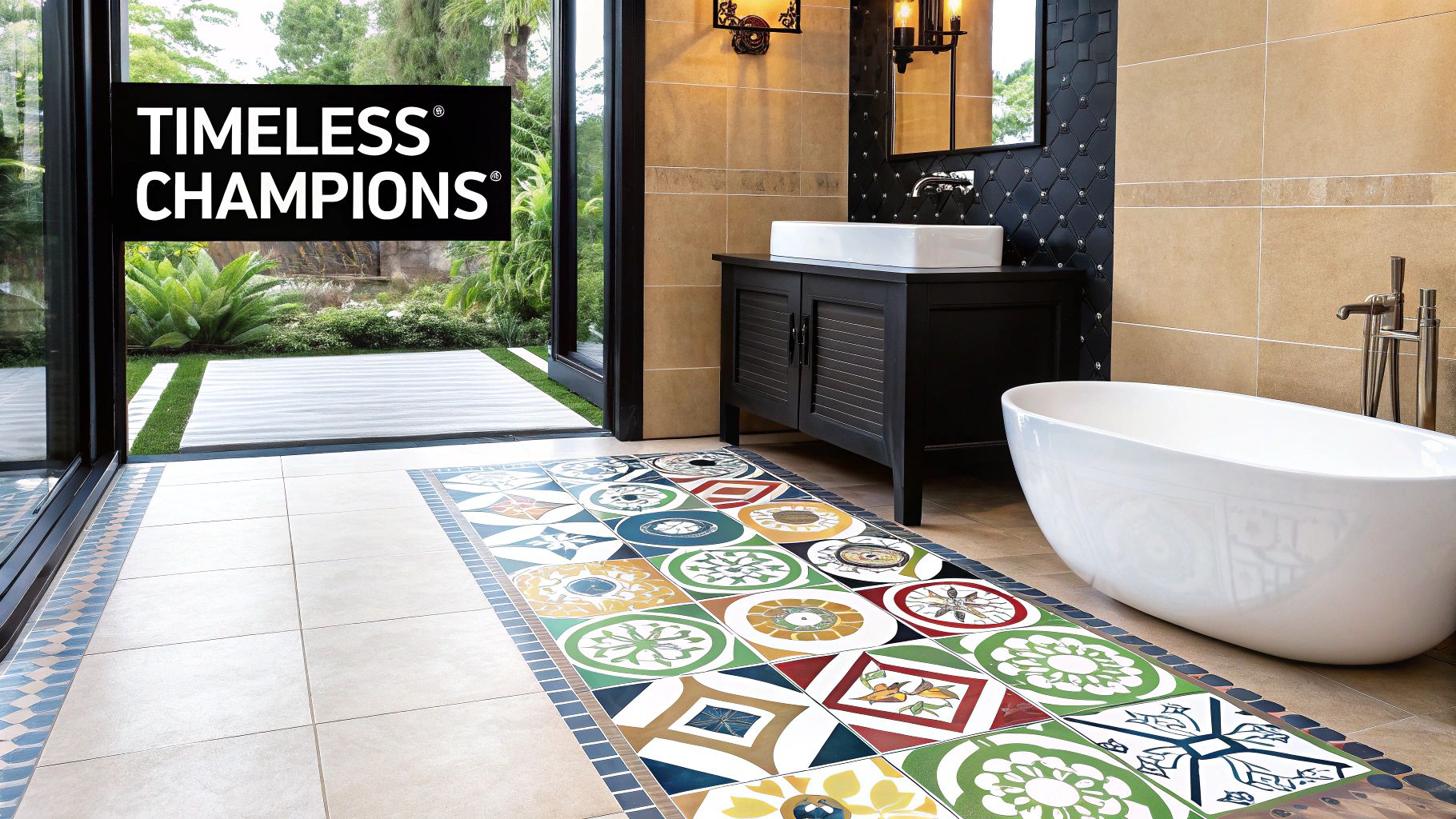 Close-up of a stylish bathroom floor featuring modern porcelain tiles.