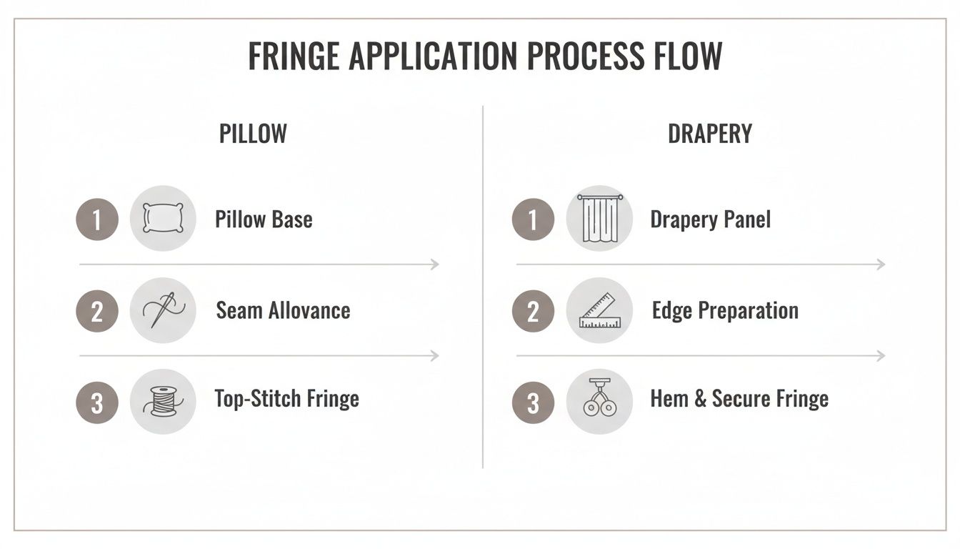 A process flow diagram illustrating steps for applying decorative fringe to pillows and drapery.