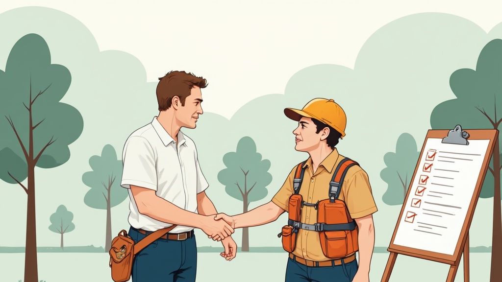 An arborist in safety gear giving a homeowner a detailed quote for tree removal in their Atlanta yard.