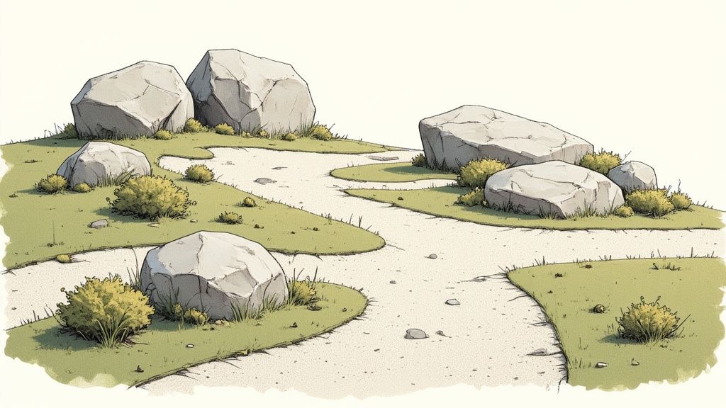 A cartoon illustration of a winding dirt path through a grassy landscape with large rocks and bushes.