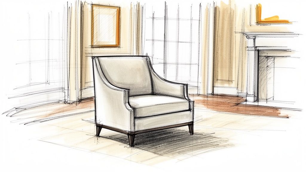 A hand-drawn interior design sketch featuring a cream armchair, window, and fireplace.