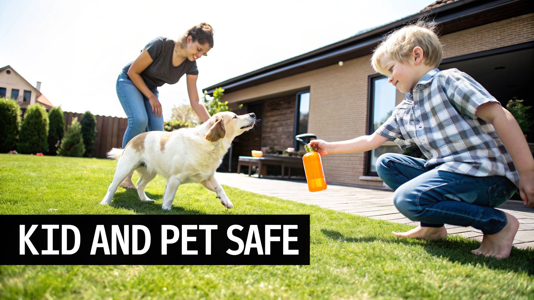 A child and dog interact on a sunny green lawn with a woman nearby, promoting kid and pet safe products.