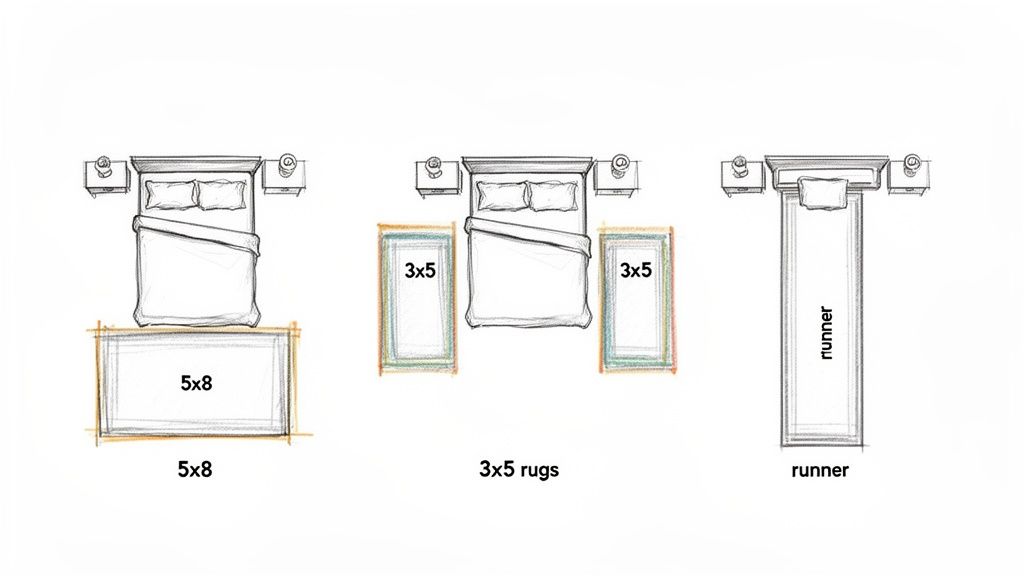 Three bedroom rug placement ideas: a 5x8 rug at the foot, two 3x5 rugs on the sides, and a runner rug.