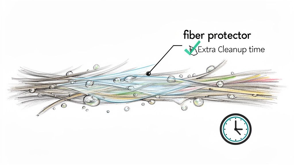 Illustration of fibers with a protective coating repelling water droplets, labeled 'fiber protector' and 'Extra Cleanup time'.