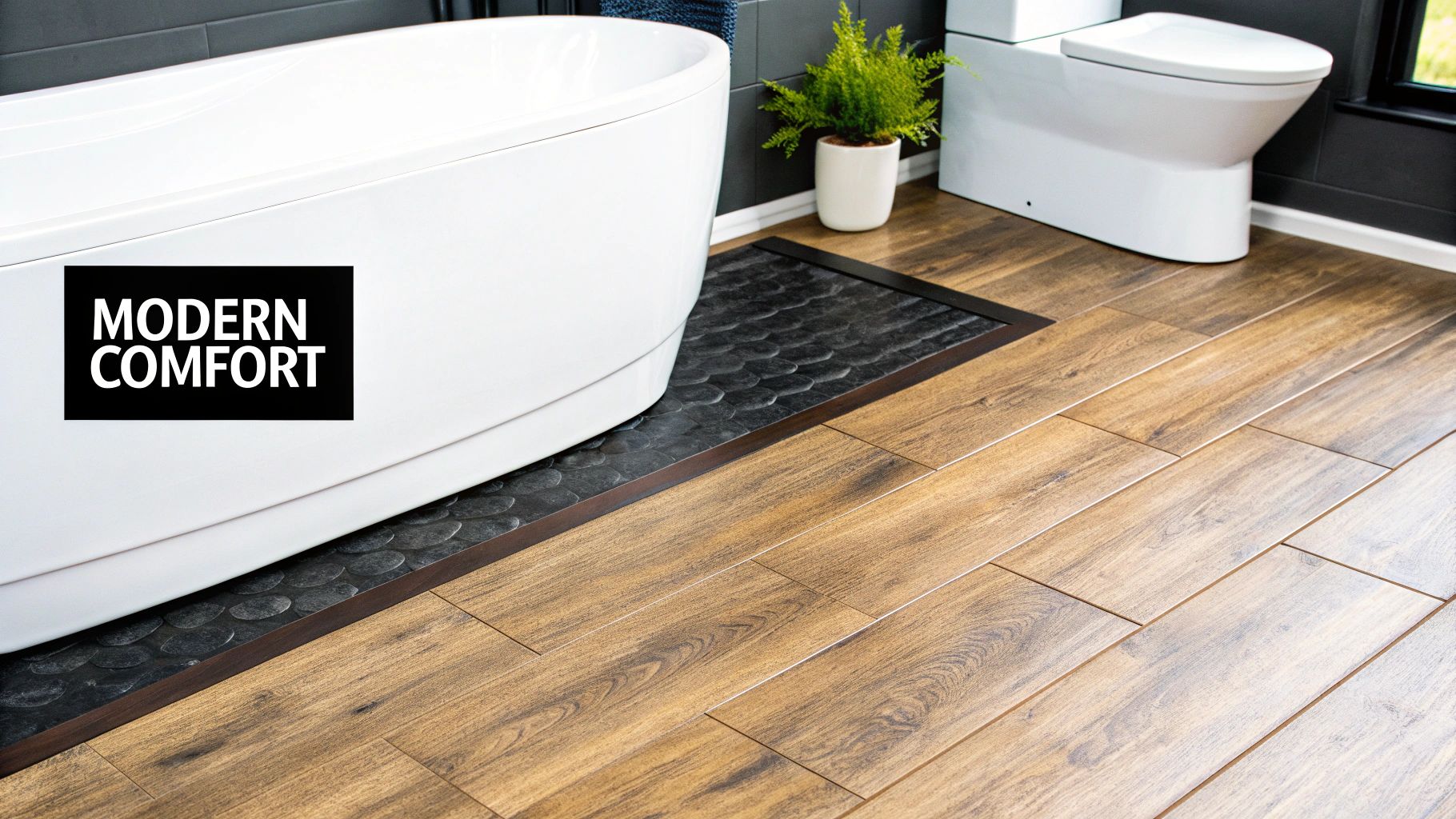 A stylish bathroom featuring luxury vinyl plank flooring that mimics natural wood.