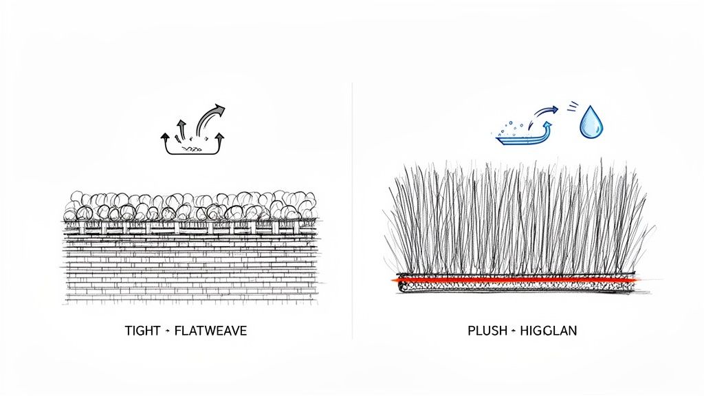 Diagram showing two rug textures: tight flatweave for trapping dirt and plush high-pile for easy cleaning.