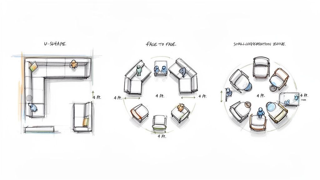 Three overhead diagrams showing furniture arrangements: U-shape, Face to Face, and Small Conversation Zone, with 4-foot spacing.