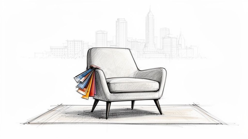 Hand-drawn sketch of a stylish white armchair with fabric samples and a city background.