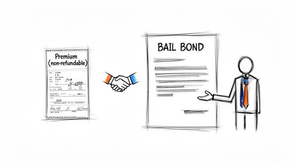 Illustration showing the bail bond process with a non-refundable premium, a handshake agreement, and the bail bond document.