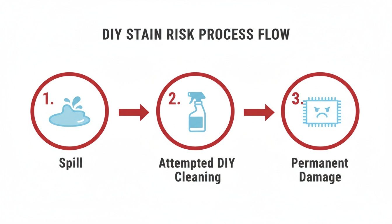 A diagram illustrating the DIY stain risk process flow: spill, attempted DIY cleaning, resulting in permanent damage.