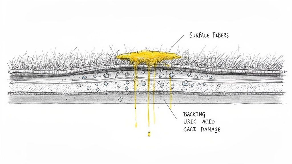 Illustration showing dog urine seeping through artificial turf layers, causing uric acid damage.