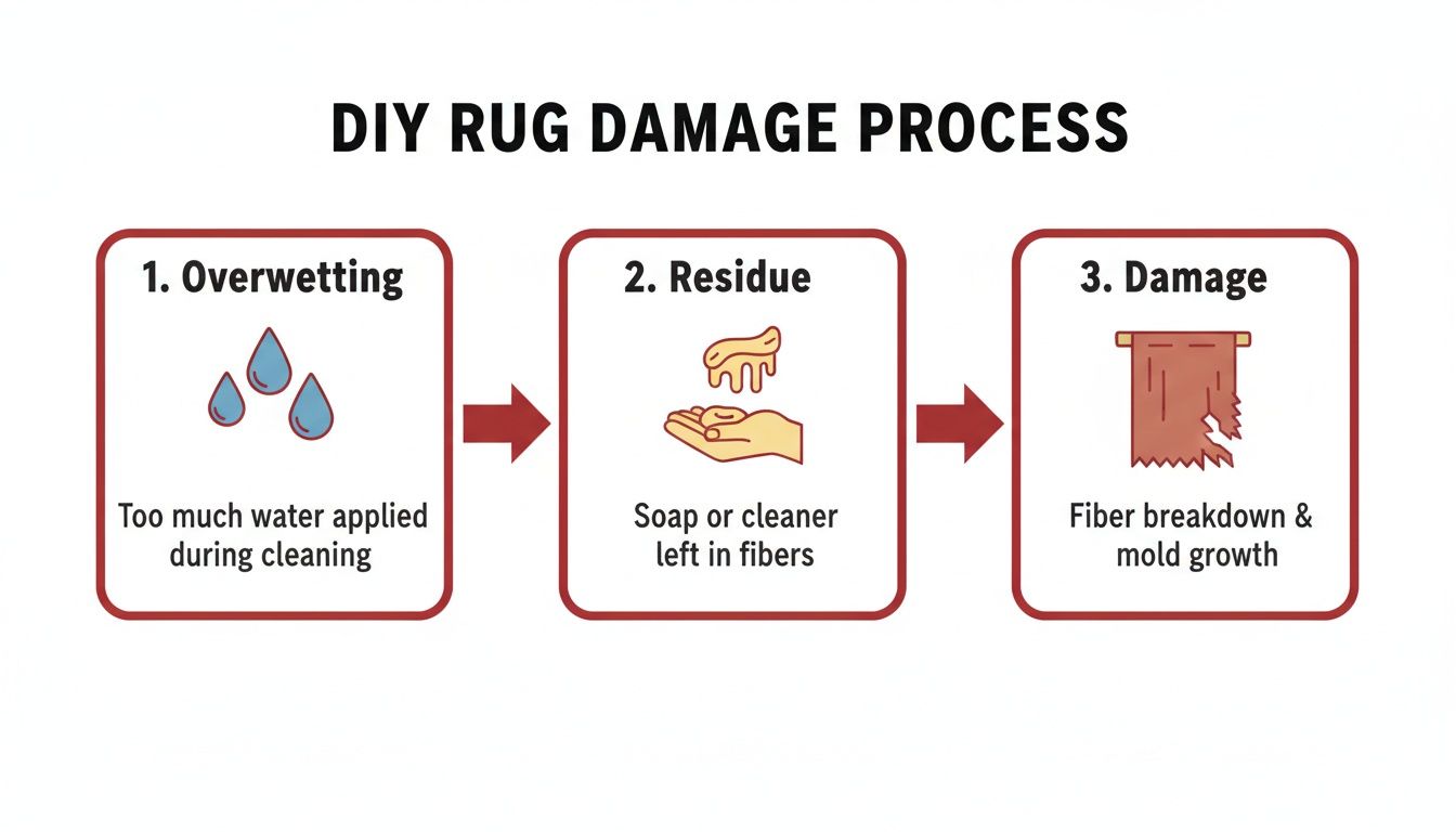Infographic showing the three-step DIY rug damage process: overwetting, residue, and fiber breakdown.
