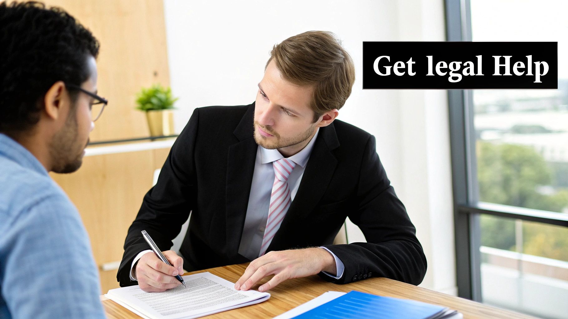 Two men, one a lawyer in a suit, review and sign legal documents during a consultation with text 'Get legal Help'.