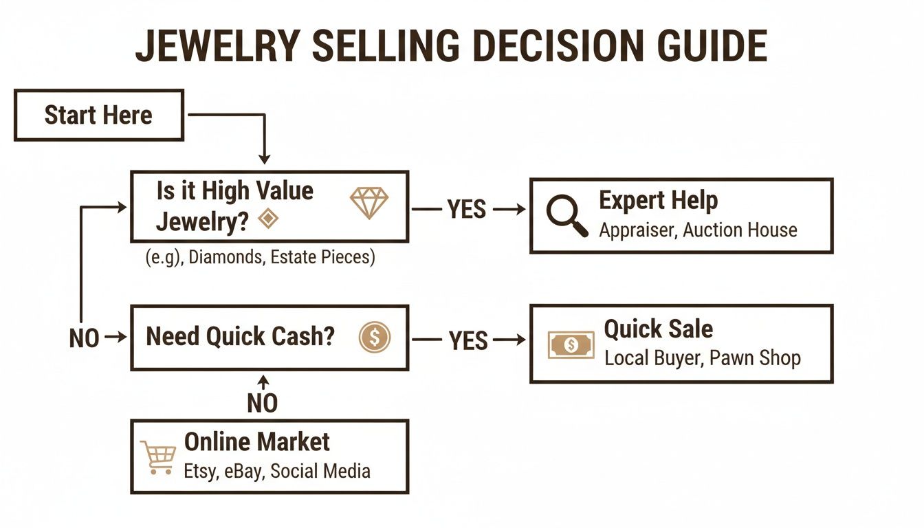 A flowchart guiding decisions on how to sell jewelry, distinguishing between high-value items, quick cash needs, and online markets.