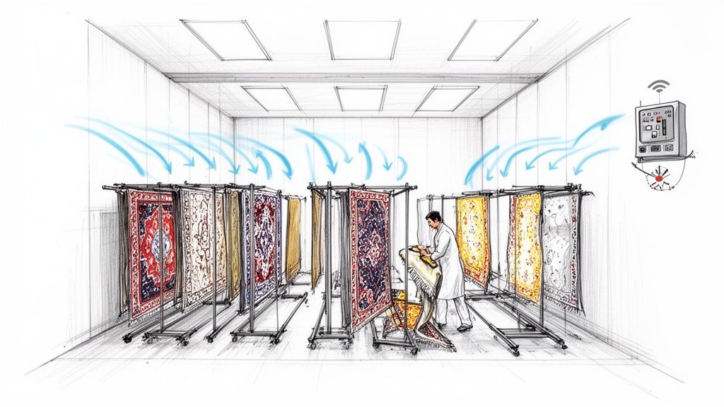 An illustration shows a man working with colorful rugs on drying racks in a ventilated room.