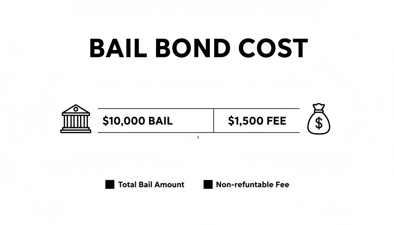 An infographic explaining bail bond cost: $10,000 bail incurs a $1,500 non-refundable fee.