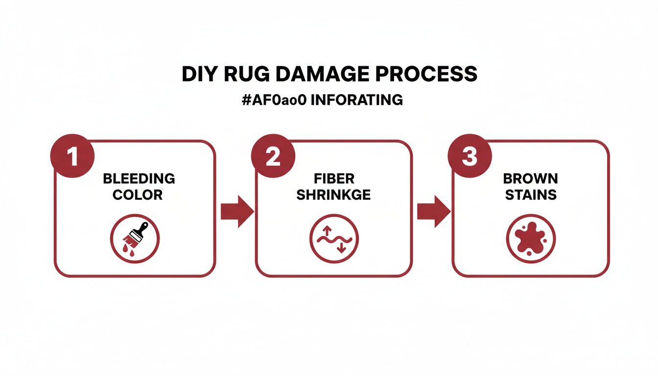 A diagram illustrating the DIY rug damage process with three steps: bleeding color, fiber shrinkage, and brown stains.