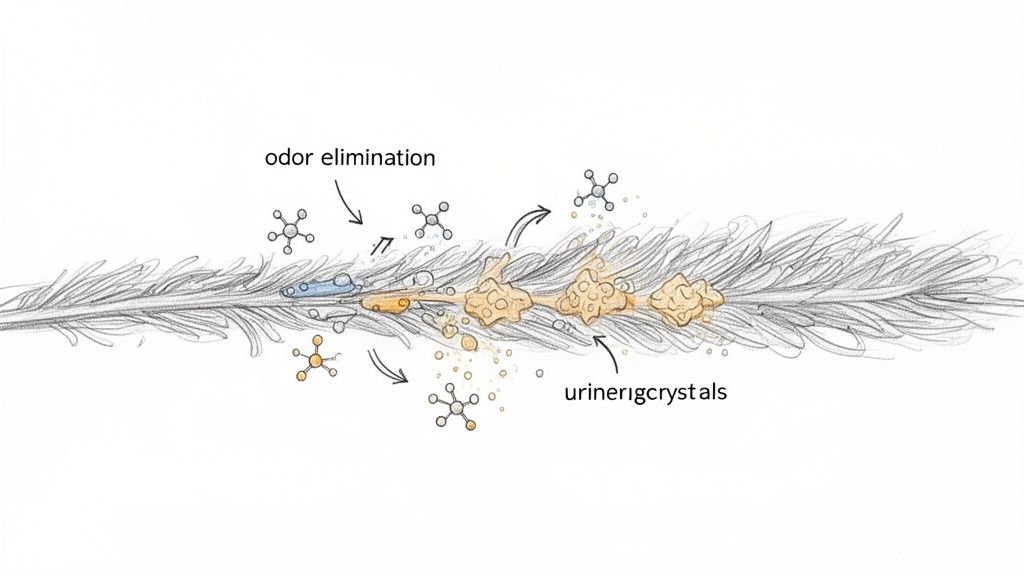 An illustration depicting the process of odor elimination and breakdown of urine crystals on a fiber.