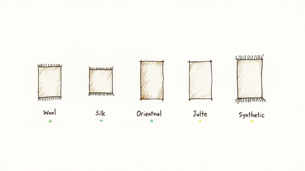 Sketches of five rugs labeled by material: Wool, Silk, Oriental, Jute, Synthetic.