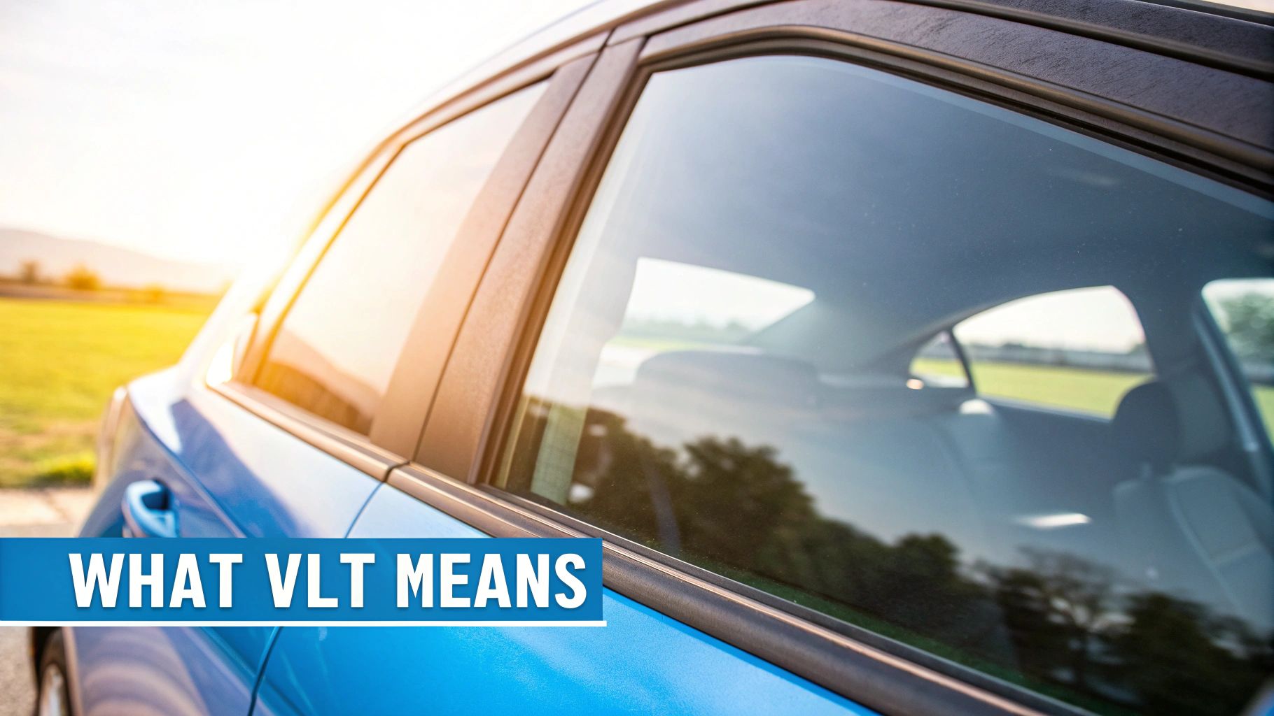 Side view of a blue car in bright sunlight with the text "WHAT VLT MEANS" on a banner.