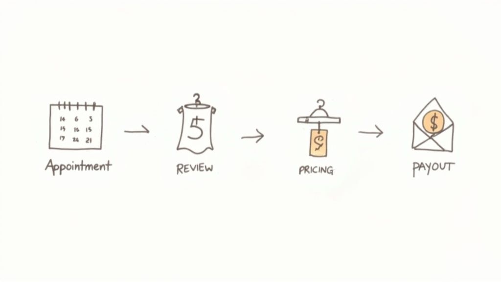 A flowchart illustrating the consignment process with steps: appointment, review, pricing, and payout.