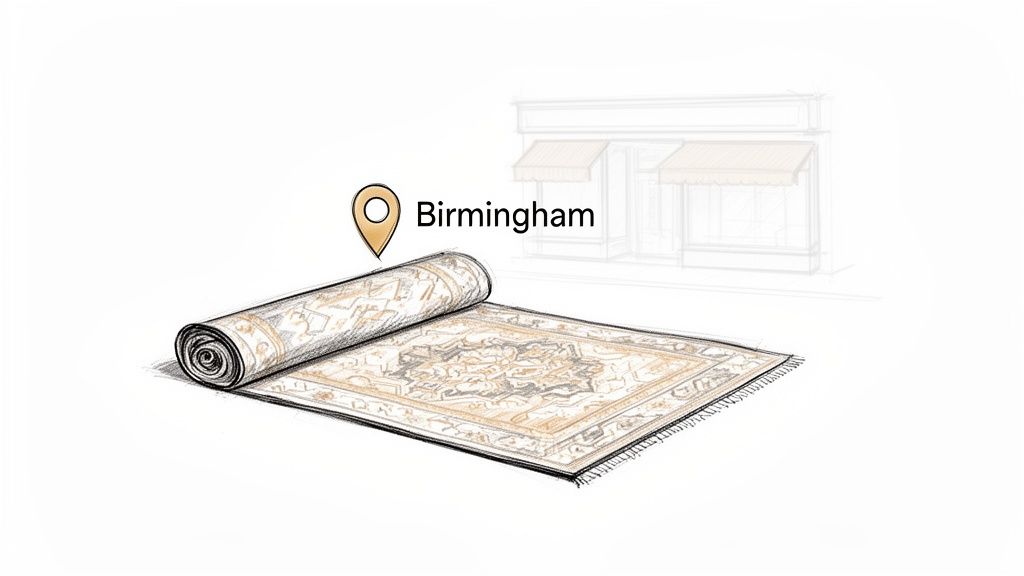 A sketch shows a partially unrolled ornate rug with a map pin for Birmingham and a building.