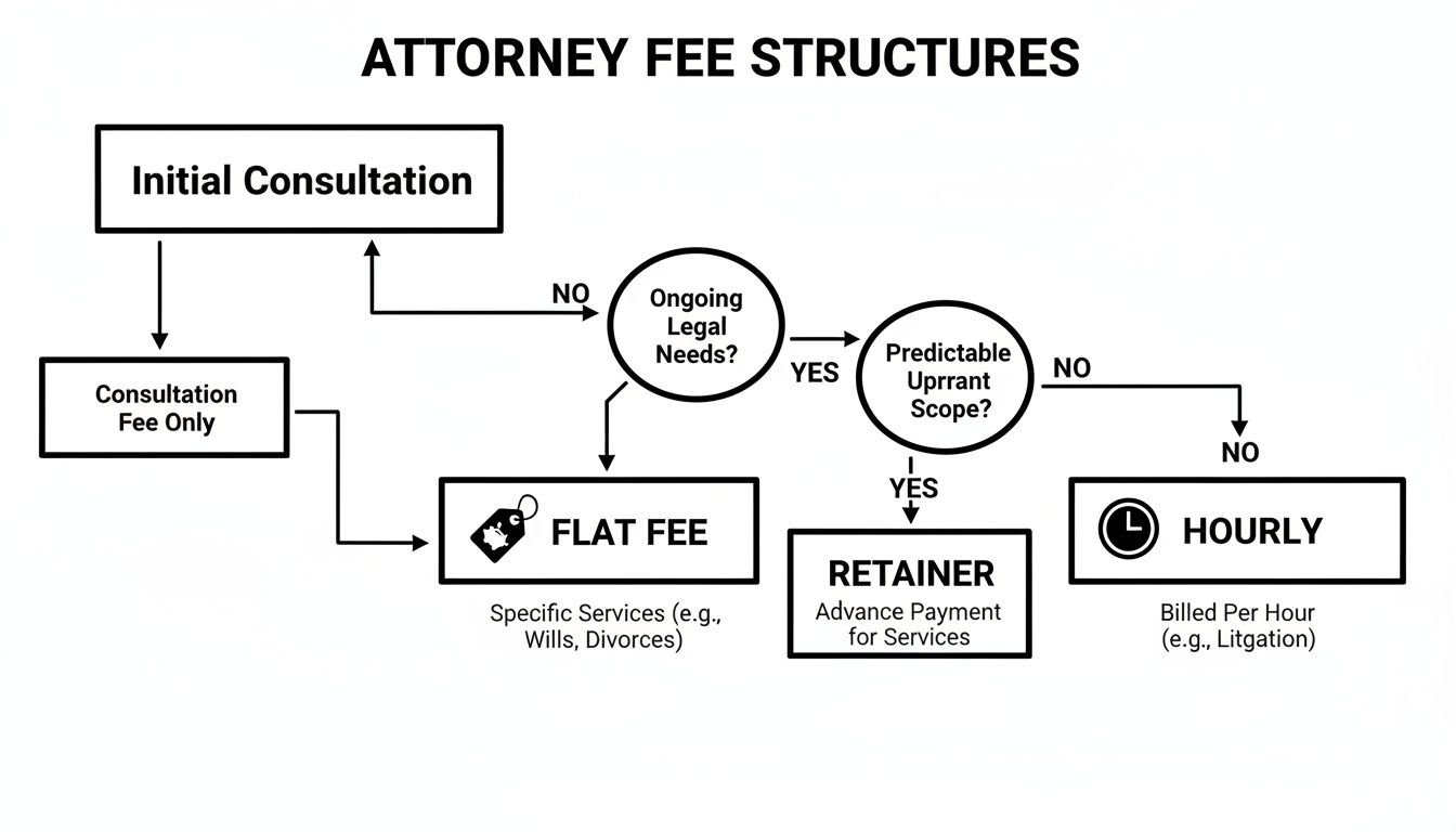Flowchart detailing attorney fee structures, including initial consultation, flat, retainer, and hourly fees.