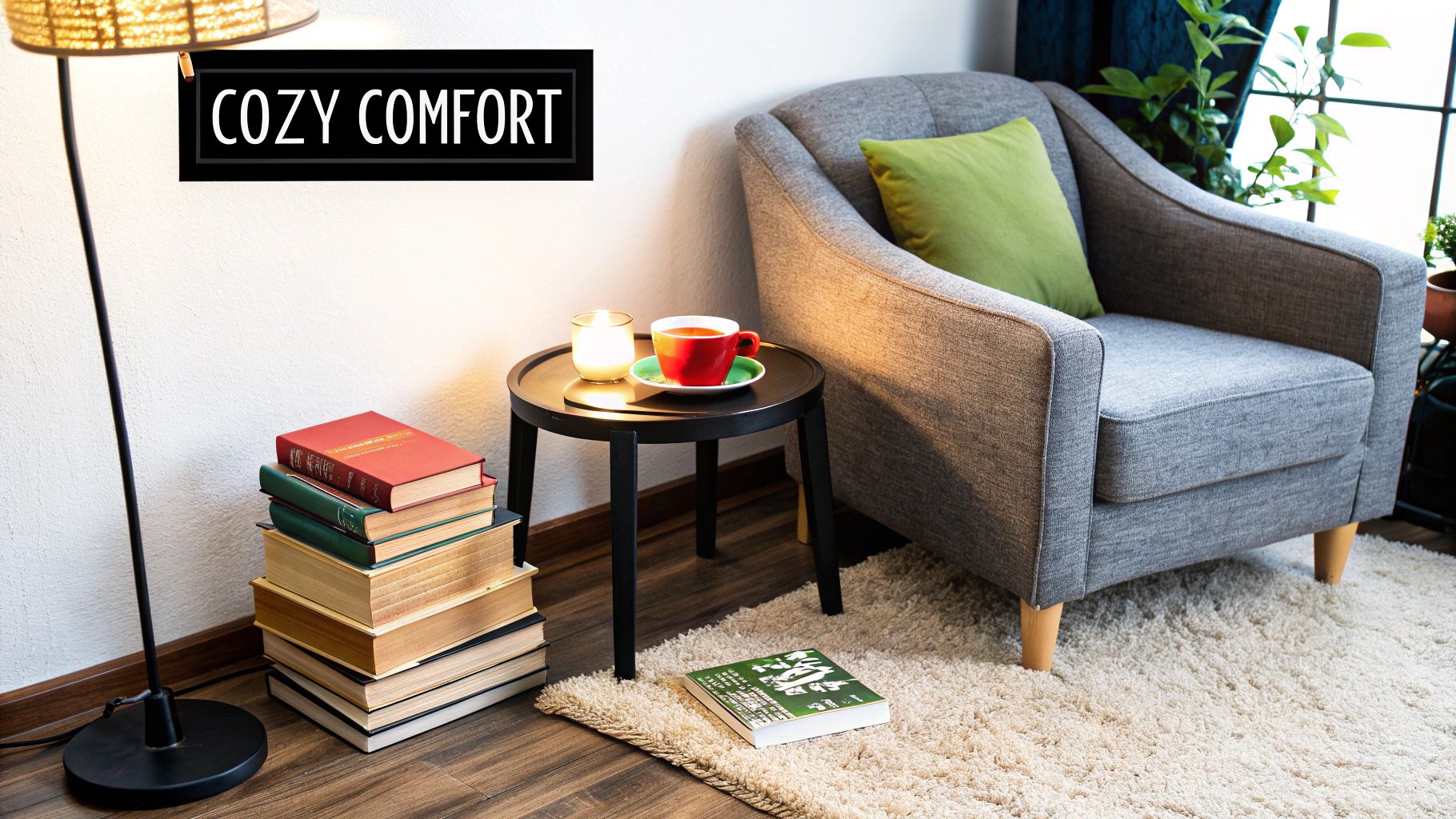 A cozy living room with plush, neutral-colored carpet, a comfortable sofa, and soft lighting.
