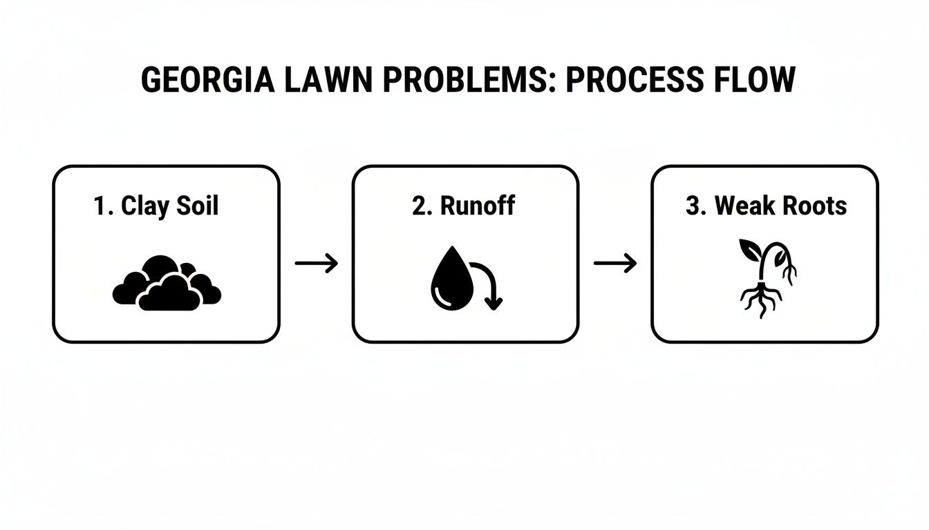 A process flow diagram illustrating Georgia lawn problems: Clay Soil leads to Runoff, causing Weak Roots.