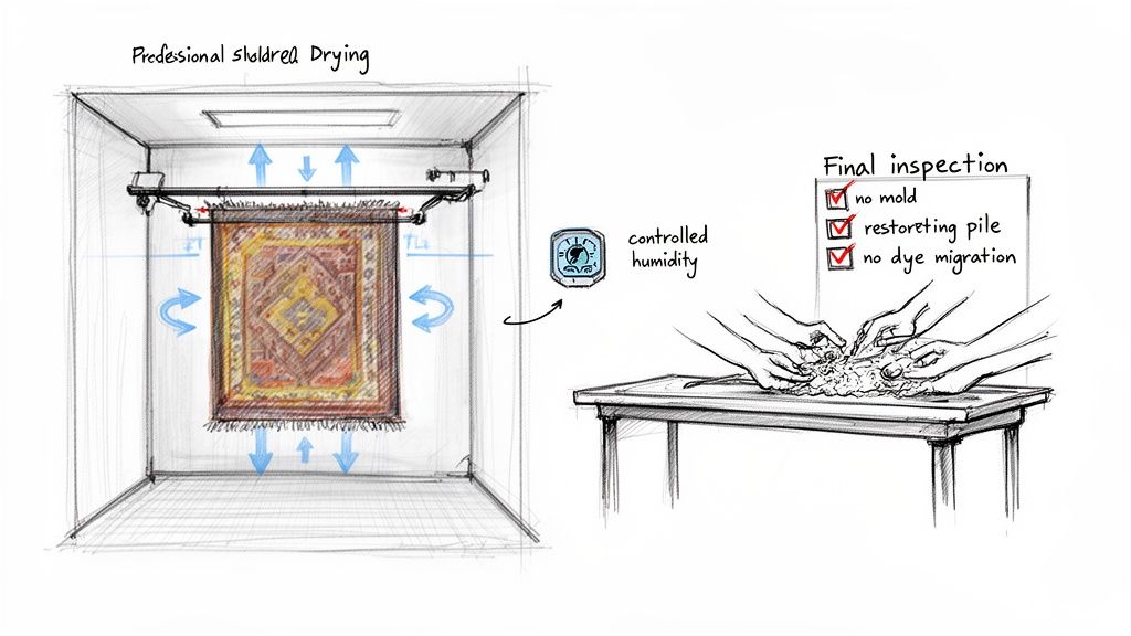 Illustration of professional rug drying in a controlled humidity room followed by a final inspection for quality.
