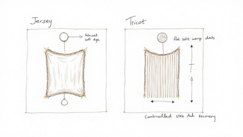 A hand-drawn sketch comparing the characteristics and drape of Jersey and Tricot fabrics.
