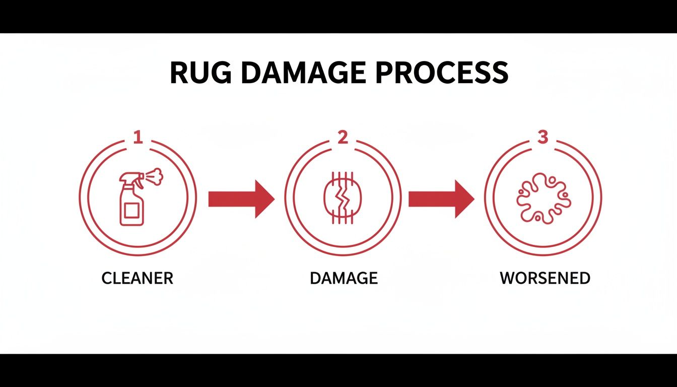 A diagram titled 'Rug Damage Process' showing three steps: cleaner, damage, and worsened stain.