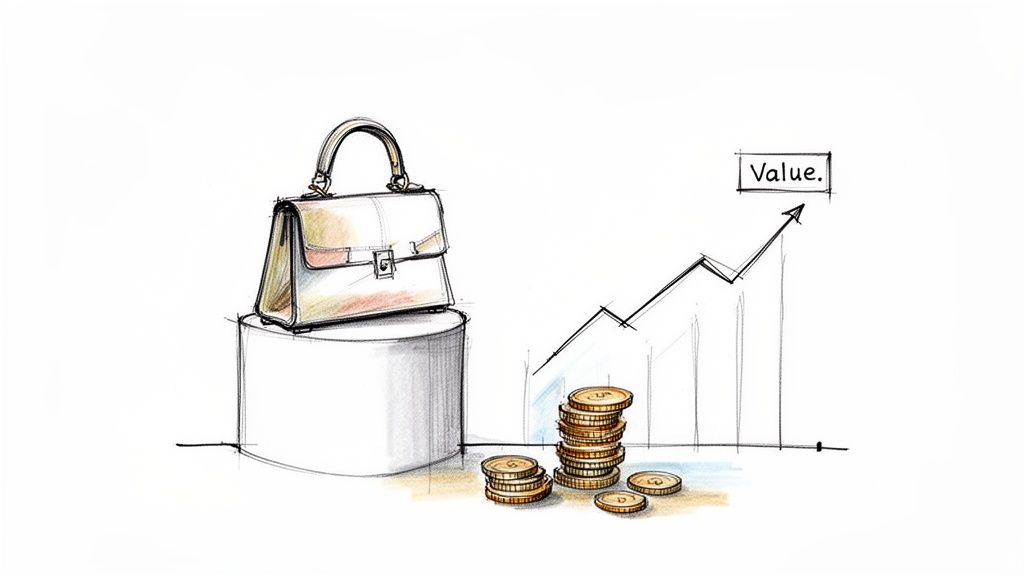 A sketch of a luxury handbag on a stand, stacks of coins, and an upward 'Value' graph.