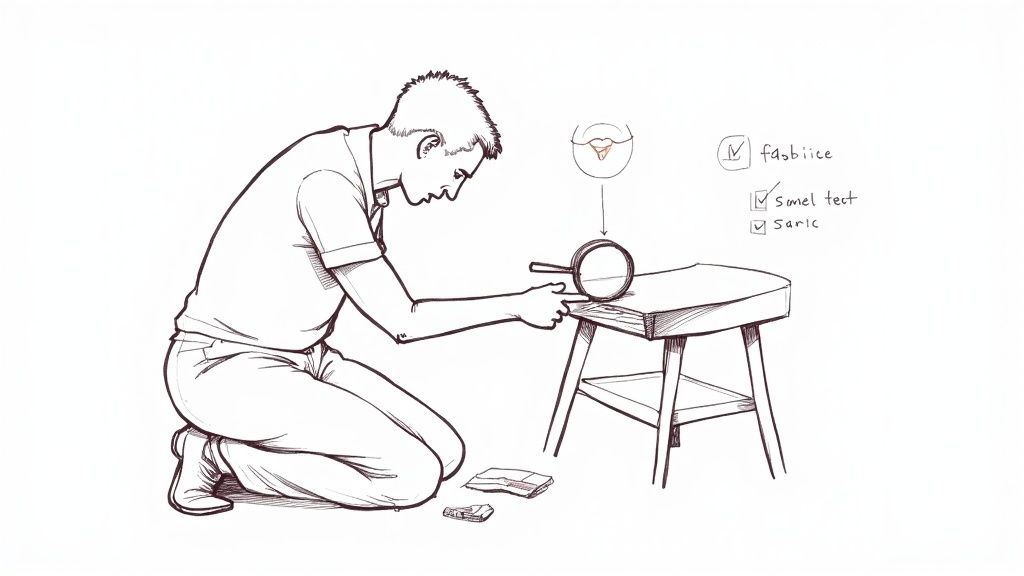 A man kneels, carefully examining items on a small stool with a magnifying glass.