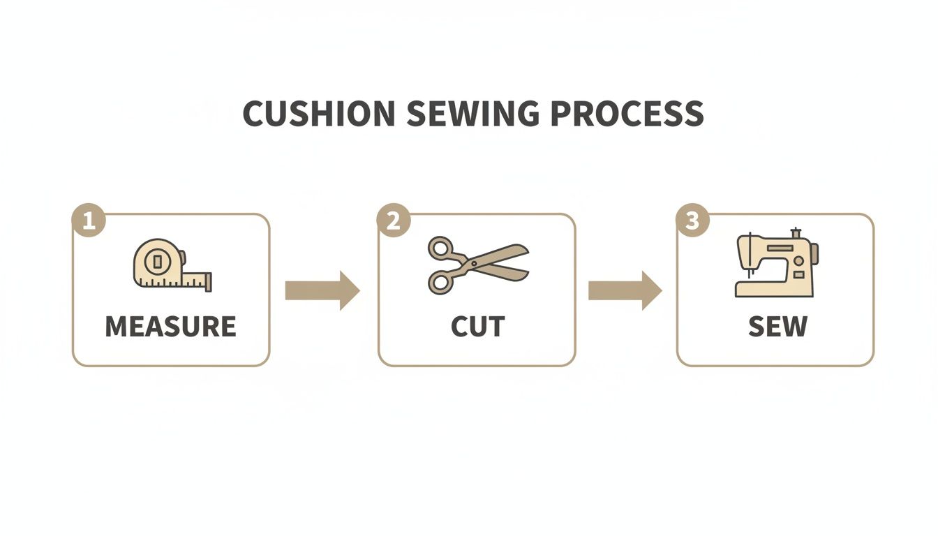 A three-step infographic outlining the cushion sewing process, including measure, cut, and sew.