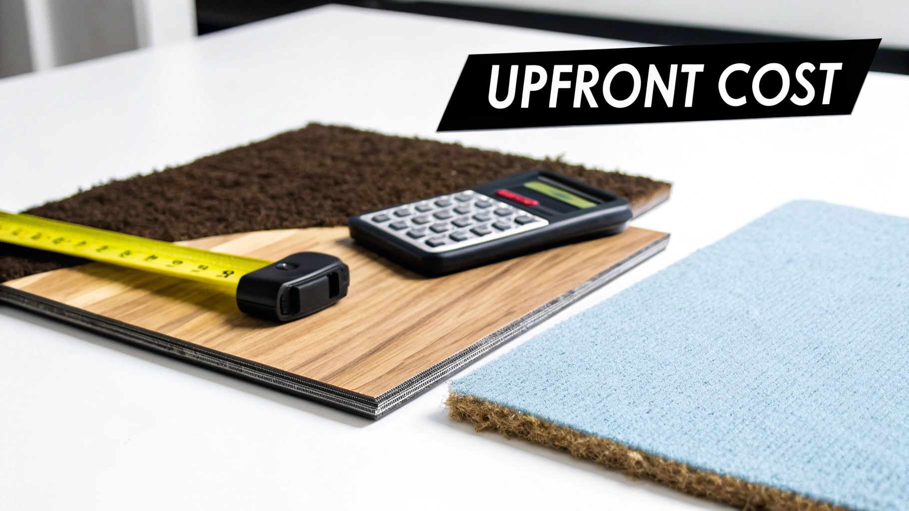 Samples of carpet, laminate flooring, a tape measure, and calculator, with 'UPFRONT COST' text.