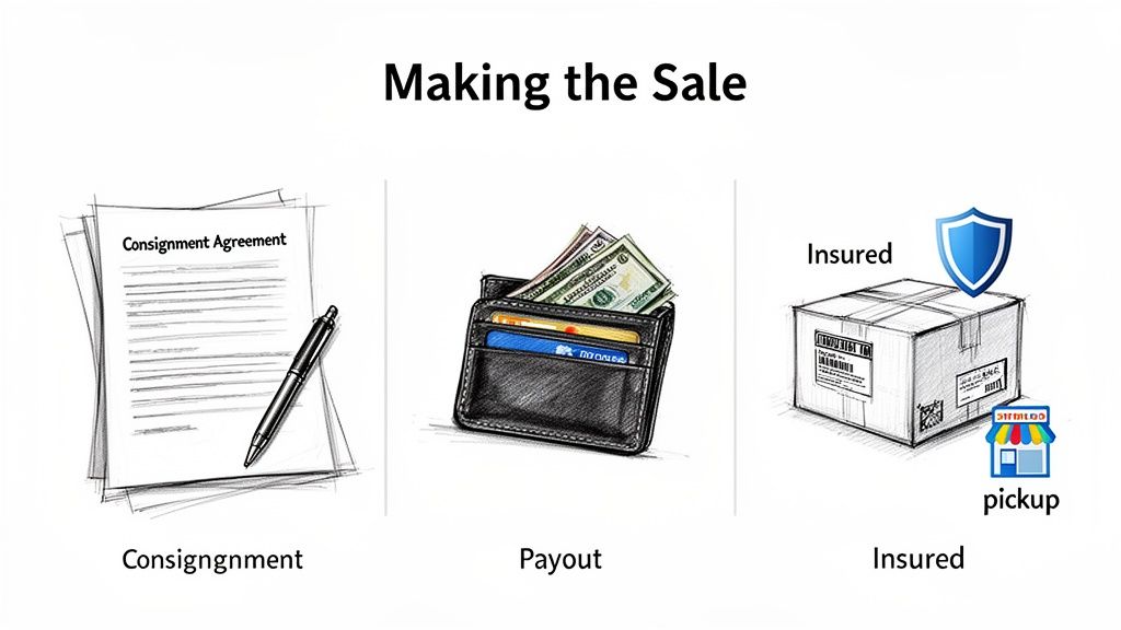 Image illustrating the sales process: consignment agreement, payout with a wallet, and insured shipping pickup.