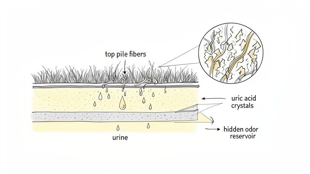 Diagram illustrating how pet urine penetrates artificial turf, forming uric acid crystals and a hidden odor reservoir within its layers.