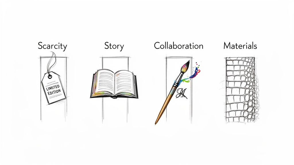 Four sketched concepts: Scarcity (limited edition tag), Story (open book), Collaboration (paintbrush), and Materials (alligator skin texture).