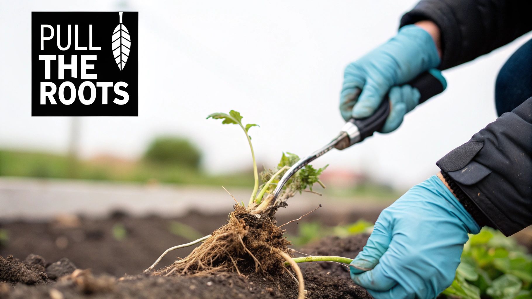 A person's hands pulling dollar weed out of a lush green lawn.
