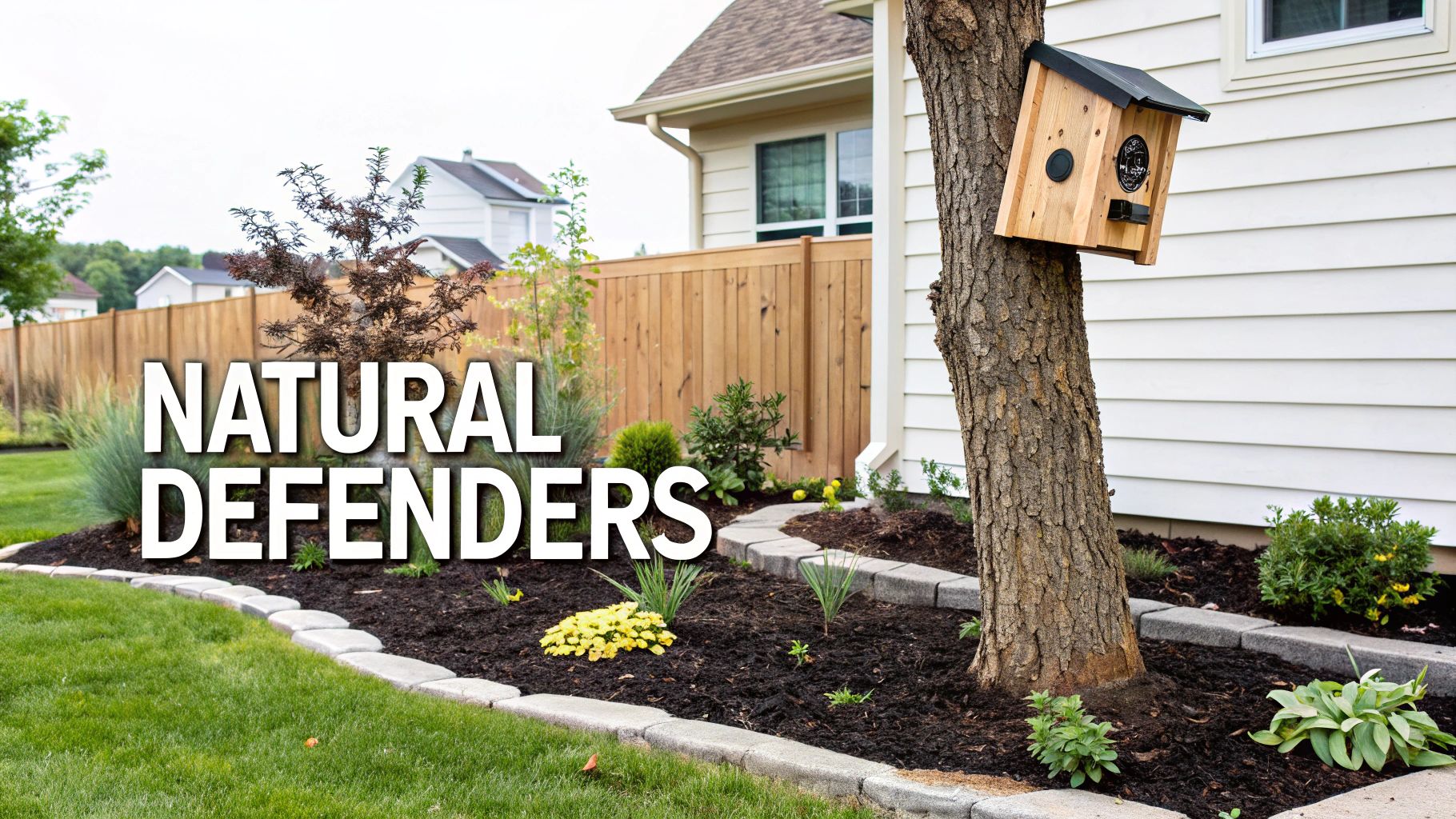 A backyard landscape features a tree with a wooden birdhouse, a mulched garden bed, and a white house.