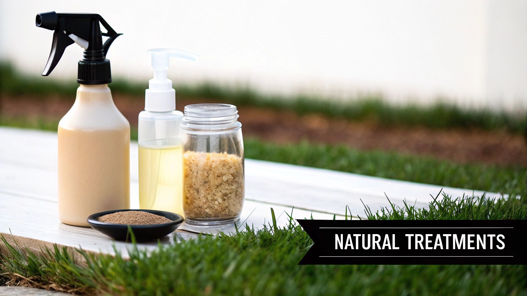 Natural treatments and ingredients, including a spray, oil, and dry components, on a surface in grass.