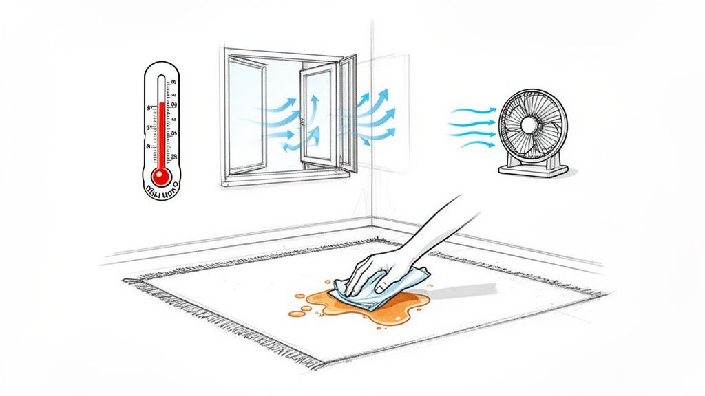 A hand cleaning a liquid spill on a rug, with a thermometer, open window, and fan for drying.