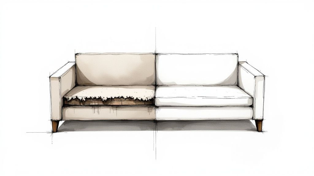 A watercolor sketch of a sofa, half old and damaged, half new and clean.