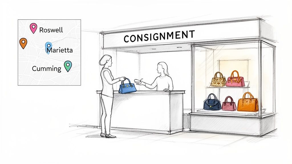 Two women at a consignment store with handbags on display and a map showing local selling options.