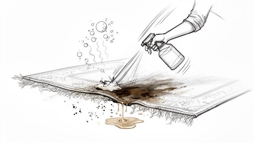 A hand sprays cleaning solution on a stained carpet, with brown liquid dripping through onto the floor.