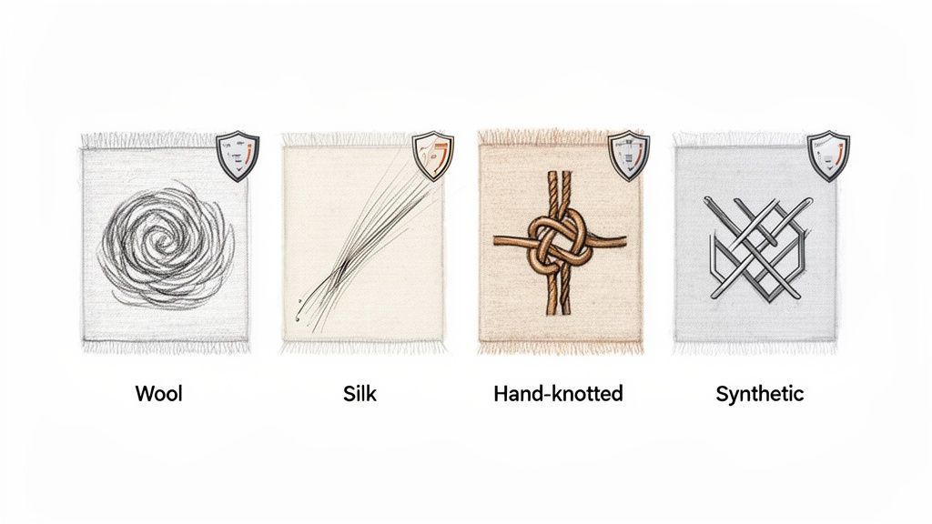 Four illustrations show different rug types: Wool, Silk, Hand-knotted, and Synthetic, each with a protective shield icon.