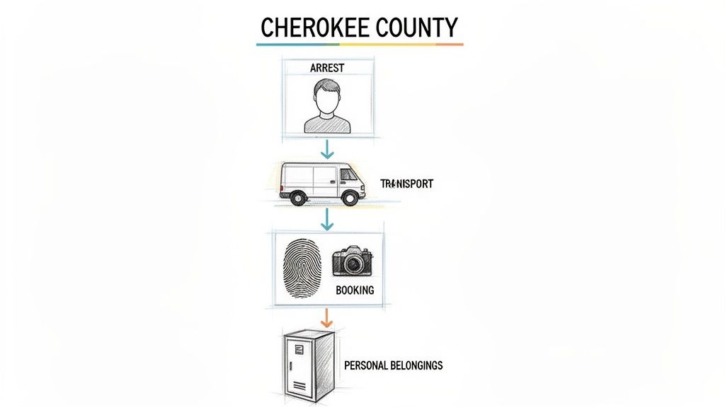 A flowchart illustrates the post-arrest process in Cherokee County: arrest, transport, booking, and personal belongings.